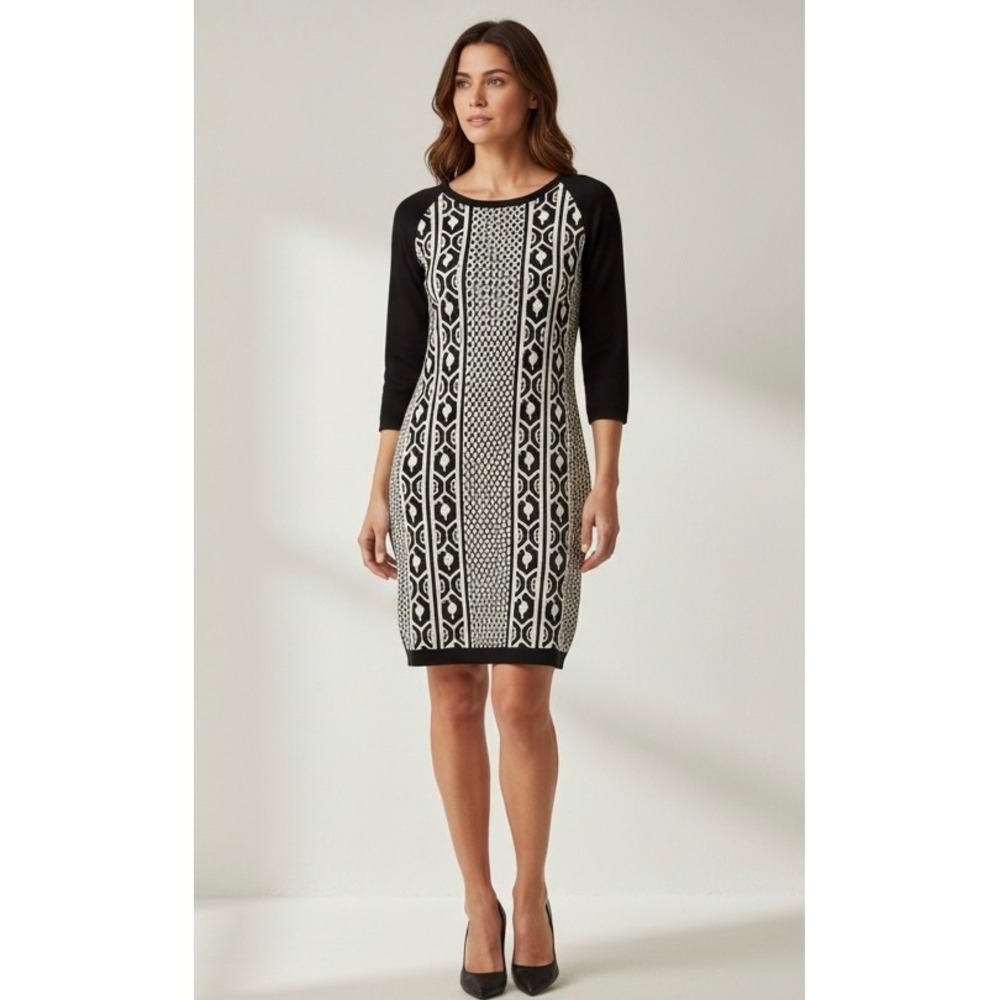 NEW JESSICA Black Geometric Pattern Knit‎ Midi Dress Size 12 Crew Neck